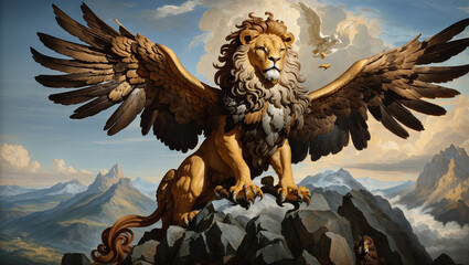 griffin, a mythical creature with the head and wings of an eagle and the body of a lion.