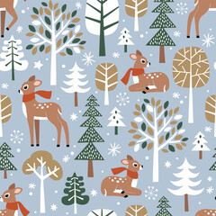 Seamless vector pattern with cute hand drawn fawn, winter trees and snowflakes. Perfect for textile, wallpaper or nursery print design.