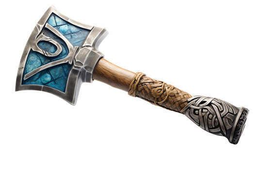 The war hammer is made of blue crystal and brown wood.