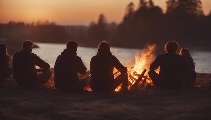 silhouettes of people having fun around a bonfire, sitting, playing guitar, chatting
