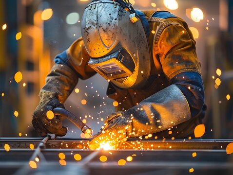 Skilled Shipyard Worker Expertly Welding Large Component with Intense Focus and Sparks