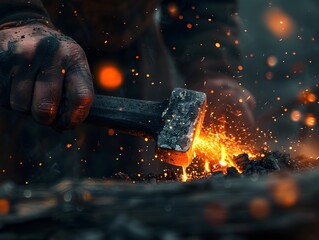 Skilled Blacksmith Hammering Glowing Steel Rod with Intense Force and Precision in Dark Workshop