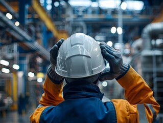 Close up of a worker adjusting a safety helmet in a busy factory highlighting the personal protective equipment against a backdrop of industrial