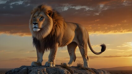 A majestic lion with a fiery mane, standing tall on a rocky cliff overlooking the savannah.
