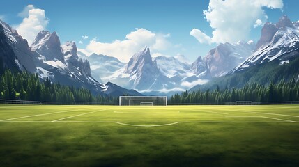 A football field with a scenic mountain backdrop