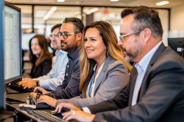 A diverse group of professionals collaboratively working at computers in a modern office setting.