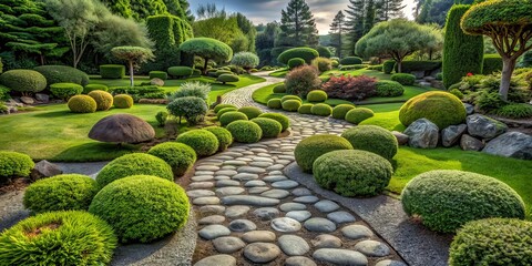 Garden stone walkway in the park with beautiful landscaping. AI generated
