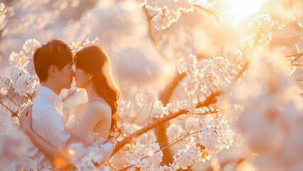 A young couple in love sharing an intimate moment surrounded by the beauty of cherry blossoms at sunset.