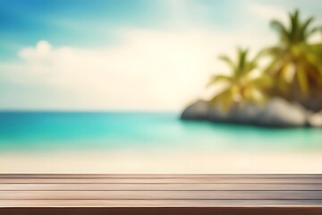 Empty wood table top, with blur seascape, tropical palm tree background. bright tone.
