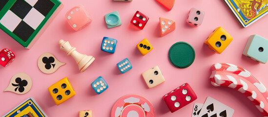 concept of board games. Dice, chips and cards on a background long banner