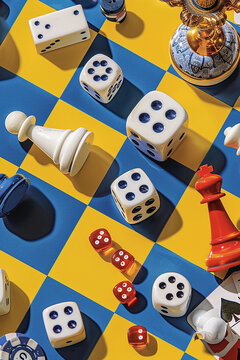 concept of board games. Dice, chips and cards on a background long banner