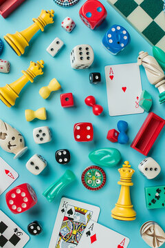 concept of board games. Dice, chips and cards on a background long banner