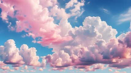 Beautiful abstract background of white cumulus clouds against a blue sky. Background of clouds. Sunny days with a blue sky and fluffy white clouds. Pink dawn and sunset sky. World Day of Ozone. Summer
