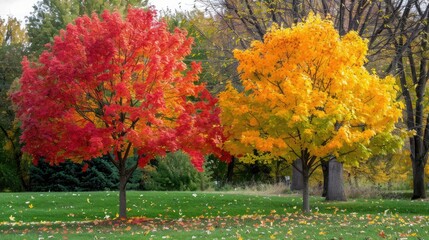 Naklejka premium Autumn Splendor: Colorful fall foliage on maple trees.