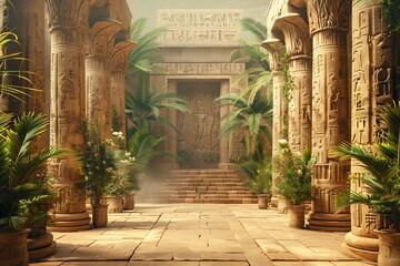 An ancient Egyptian temple with hieroglyphs on the walls and a large door at the end of the hall. There are plants and flowers growing in between the columns.