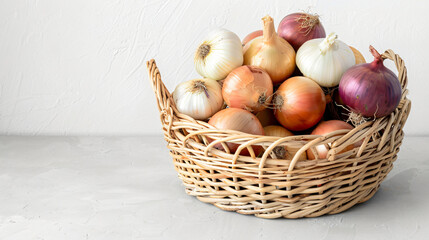 Wicker basket with different kinds of onion