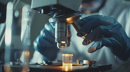 Close up View of Scientist Using Microscope for Pharmaceutical Control in Laboratory