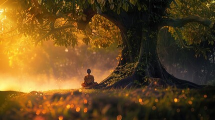 Buddha's Teachings: A person meditating under a Bodhi tree.