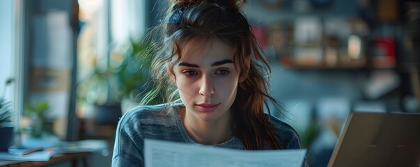 Focused Young Woman Reviewing Video Script in Creative Studio Environment