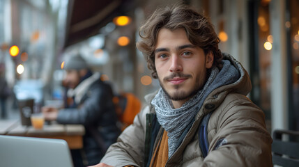 Obraz premium Young man working on laptop, IT programmer freelancer or student with computer in cafe at table looking in camera