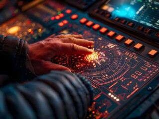 Hands Operating Futuristic Sonar Unit Control Dashboard with Advanced Electronic Displays and Illuminated Interfaces