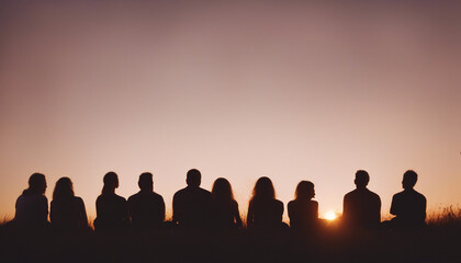 Fototapeta premium silhouettes of people having fun around a bonfire, sitting, playing guitar, chatting 