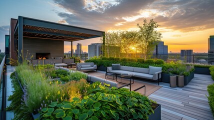 Luxurious rooftop garden terrace offers a peaceful retreat with modern outdoor furniture overlooking a stunning urban skyline during a warm sunset. Resplendent.