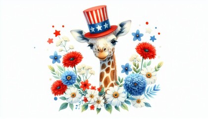 Fototapeta premium Giraffe 4th July Watercolor Memorial Day Clip Art Animal Patriotic with American Flag Celebration USA (United State) Art Cute Cartoon For Independence Day