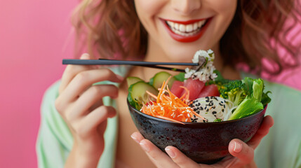 Woman eating tasty rice poke bowl on color background