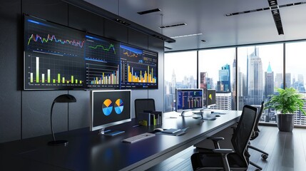 Data Visualization: Charts and graphs displayed on digital screens in a modern office.