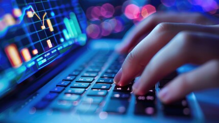 Digital Finance: Hands typing on a keyboard with financial graphs on the screen.