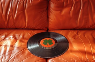 A black music gramophone vinyl record with a four-leaf clover in the middle as a symbol rests on a light brown leather sofa.