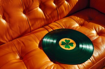 A black music gramophone vinyl record with a four-leaf clover in the middle as a symbol rests on a light brown leather sofa.