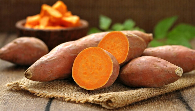 Raw sweet potatoes on burlap, blurred background.