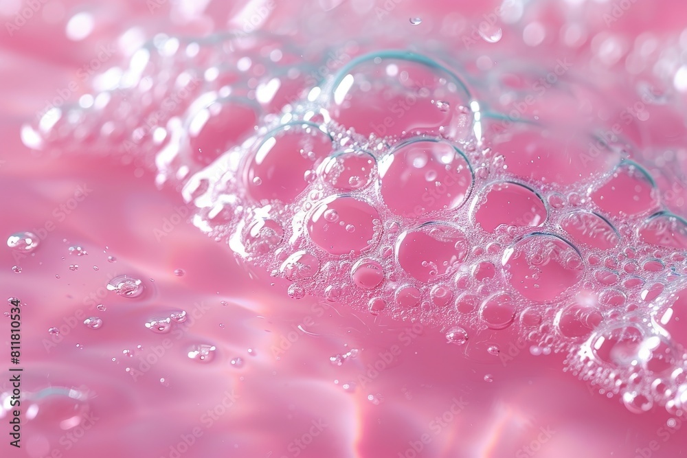 Poster a close-up image capturing the intricate details of bubbles on a viscous pink liquid, creating an ab