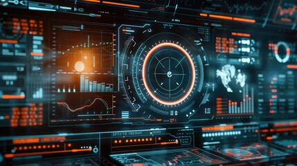 Financial Intelligence: Business charts and graphs overlaid with futuristic HUD elements.