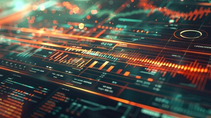 Financial Intelligence: Business charts and graphs overlaid with futuristic HUD elements.