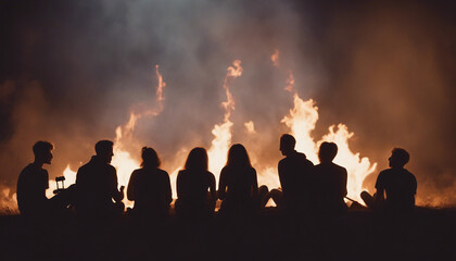 Fototapeta premium silhouettes of people having fun around a bonfire, sitting, playing guitar, chatting 