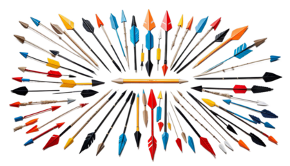 pfeile viele fur als konzept verwirrung arrow chaos orientation monitor screen office computer desktop business white laptop panorama work interior home furniture room modern nobody indoor pointing