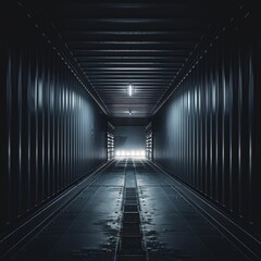 Abstract dark background empty inside cargo container truck with blank white light outside, studio lighting, high quality