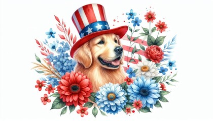 Naklejka premium Golden Retriever Dog 4th July Watercolor Animal Patriotic with American Flag Memorial Day Clip Art Celebration USA (United State) Art Cute Cartoon For Independence Day