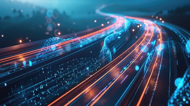 Information Superhighway: Abstract highway with data streams representing internet connectivity.