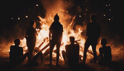 silhouettes of people having fun around a bonfire, sitting, playing guitar, chatting
