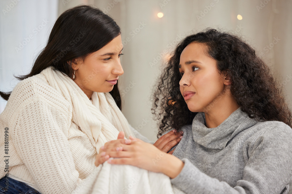 Wall mural Women, together and talking in home or sad for breakup, friendship with communication and trust. Female people, house and support for anxiety or depression with chat, conversation for mental health