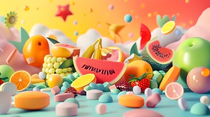 Assorted Colorful Fresh Fruits and Vegetables on Vibrant Background