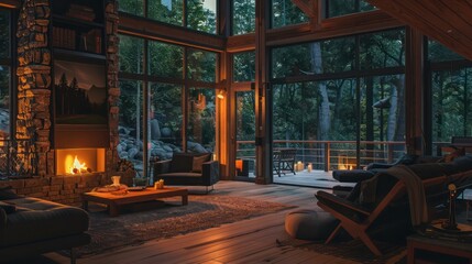 Cozy Home Scene: Family Enjoying Fireplace, Marshmallows, and Stories in Contemporary Living Room with Scenic Views