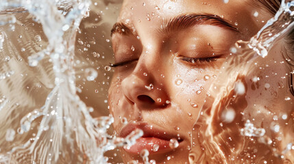 Fototapeta premium Aesthetic young woman face with closed eyes and splashing water, moisturizing concept, beauty advertising. Generative AI
