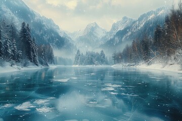 Breath-taking winter scenery with a snow-covered river surrounded by coniferous forest and mountains