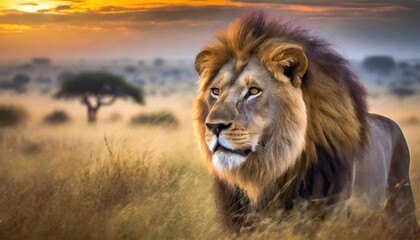 Obraz premium Lion on the savanna, in the soft morning light, untamed spirit of the African wilderness.