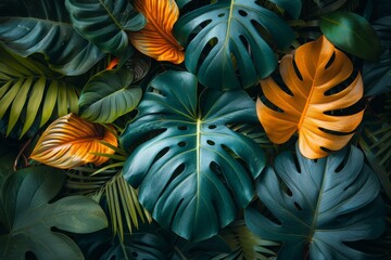 Close-up of dark green tropical monstera leaves with a splash of orange, giving a mysterious yet inviting jungle atmosphere